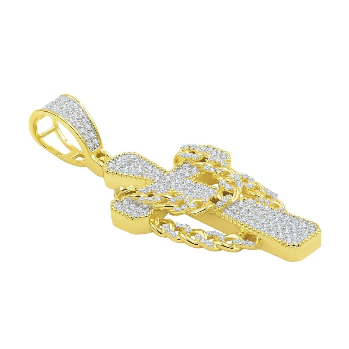Cross w Cuban Link CZ Iced Out Pendant .925 Sterling Silver Yellow Gold HipHopBling
