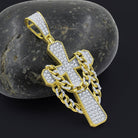 Cross w Cuban Link CZ Iced Out Pendant .925 Sterling Silver Yellow Gold HipHopBling