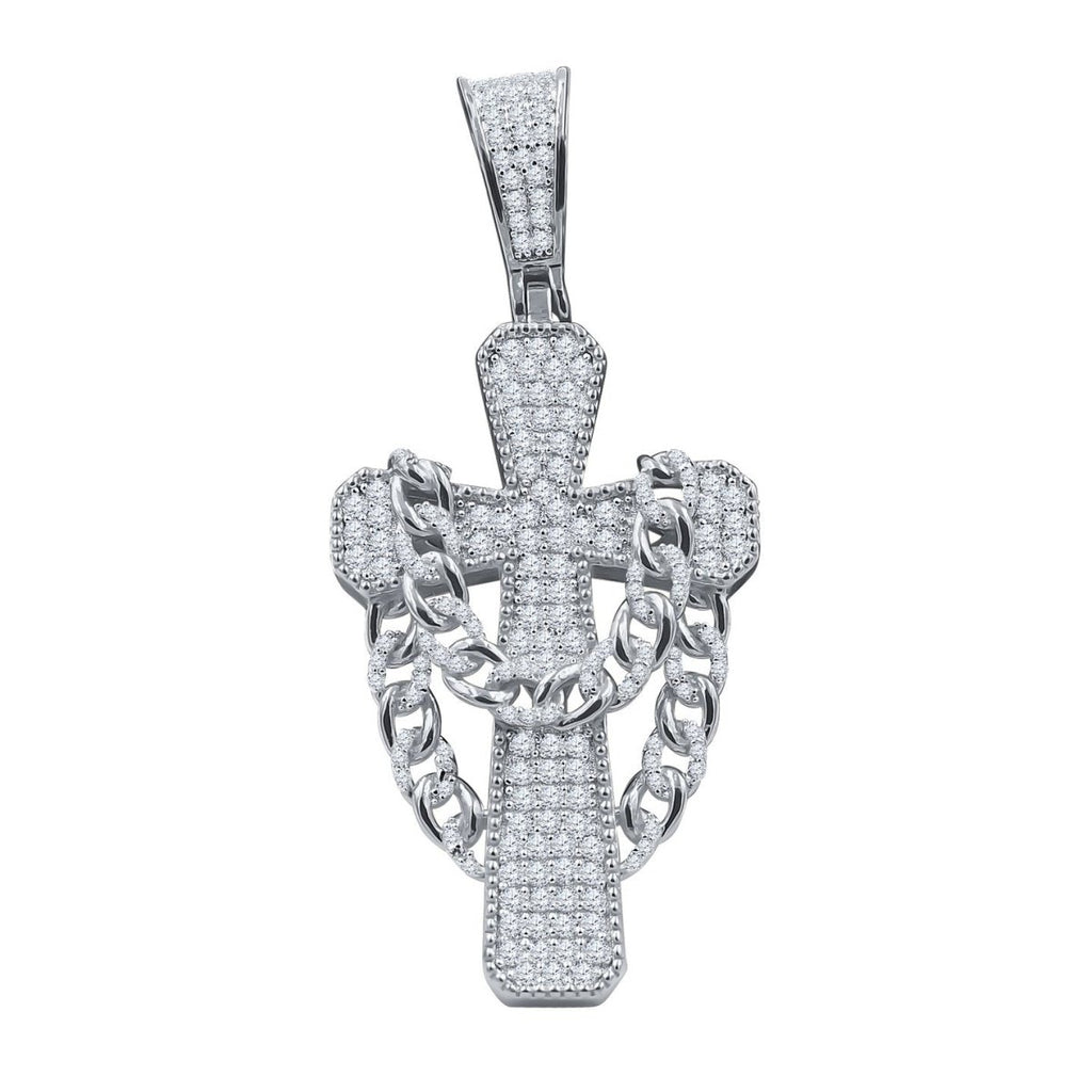 Cross w Cuban Link CZ Iced Out Pendant .925 Sterling Silver Yellow Gold HipHopBling