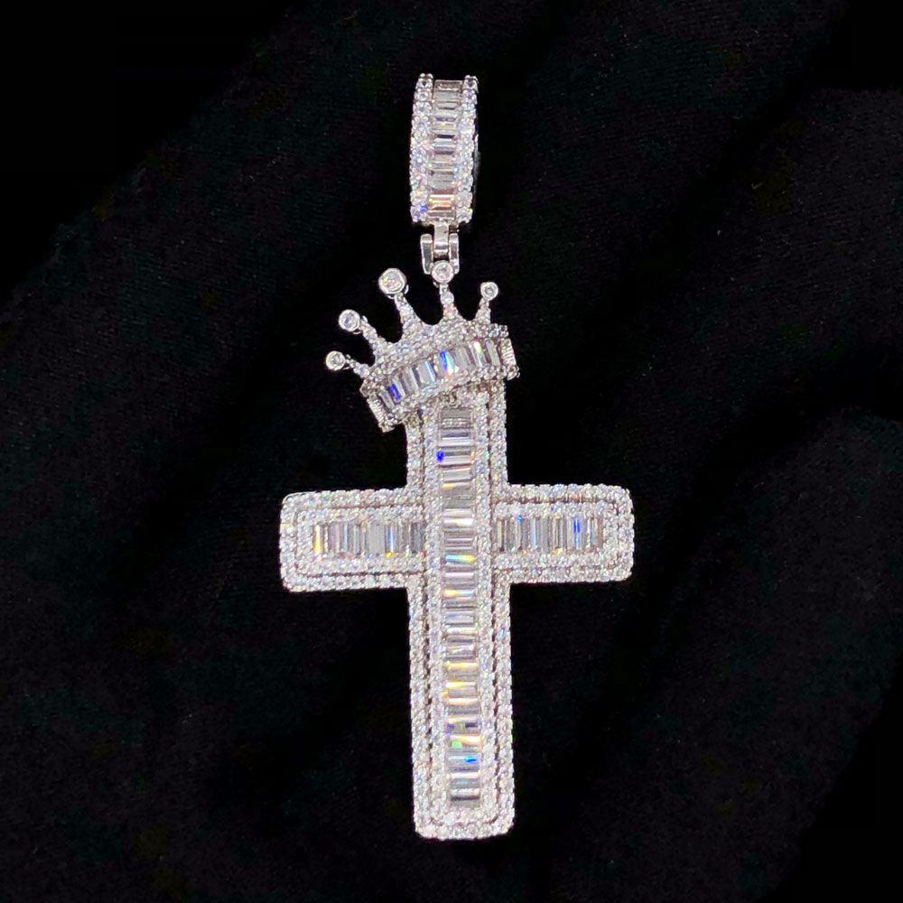 Crown Baguette Cross VVS CZ Hip Hop Bling Pendant White Gold HipHopBling
