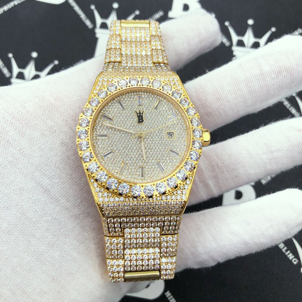 Crown Iced Out Hip Hop Bling Bustdown Watch Yellow Gold HipHopBling