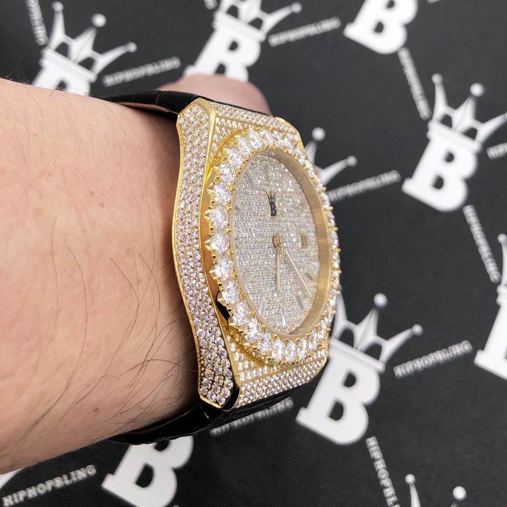 Crown Leather Iced Out Hip Hop Bling Bustdown Watch Yellow Gold HipHopBling