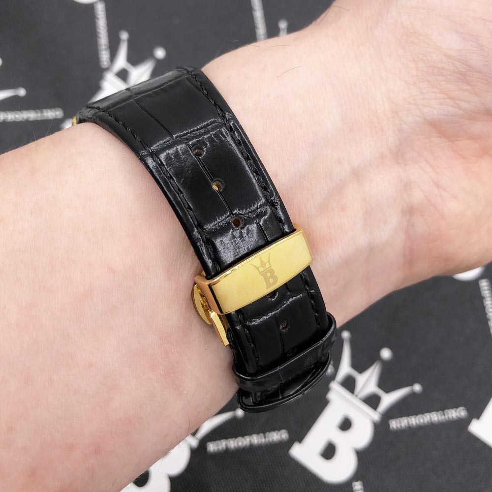 Crown Leather Iced Out Hip Hop Bling Bustdown Watch Yellow Gold HipHopBling