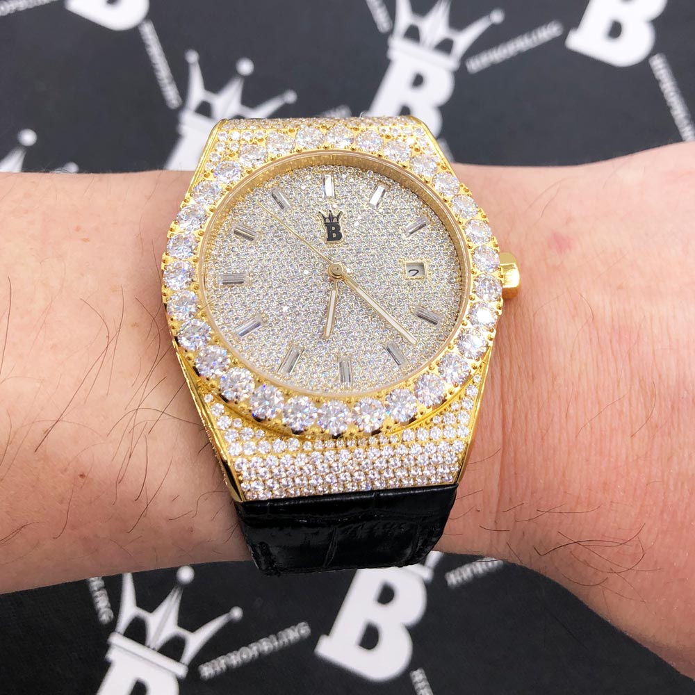 Crown Leather Iced Out Hip Hop Bling Bustdown Watch Yellow Gold HipHopBling