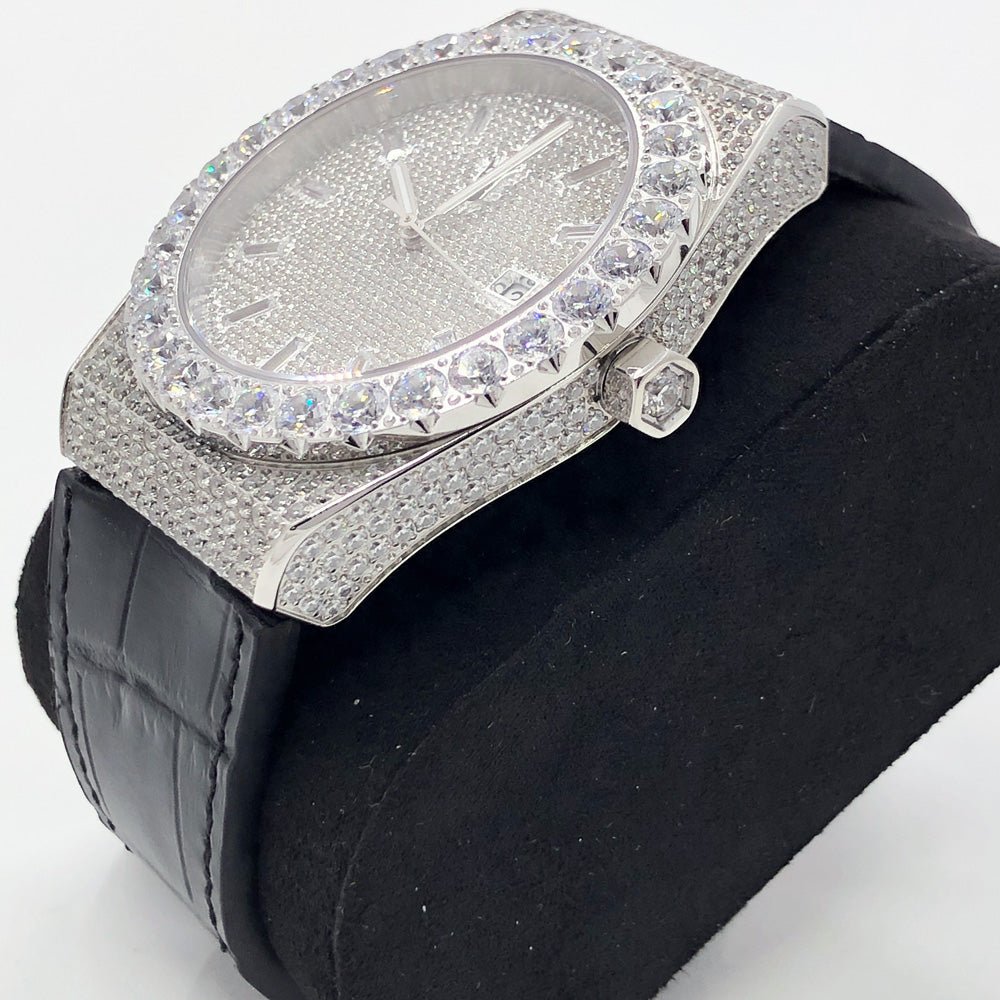 Crown Leather Iced Out Hip Hop Bling Bustdown Watch Yellow Gold HipHopBling