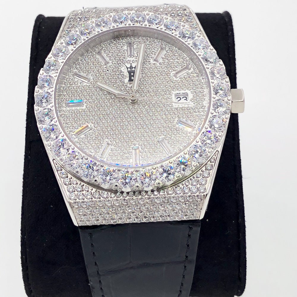 Crown Leather Iced Out Hip Hop Bling Bustdown Watch Yellow Gold HipHopBling