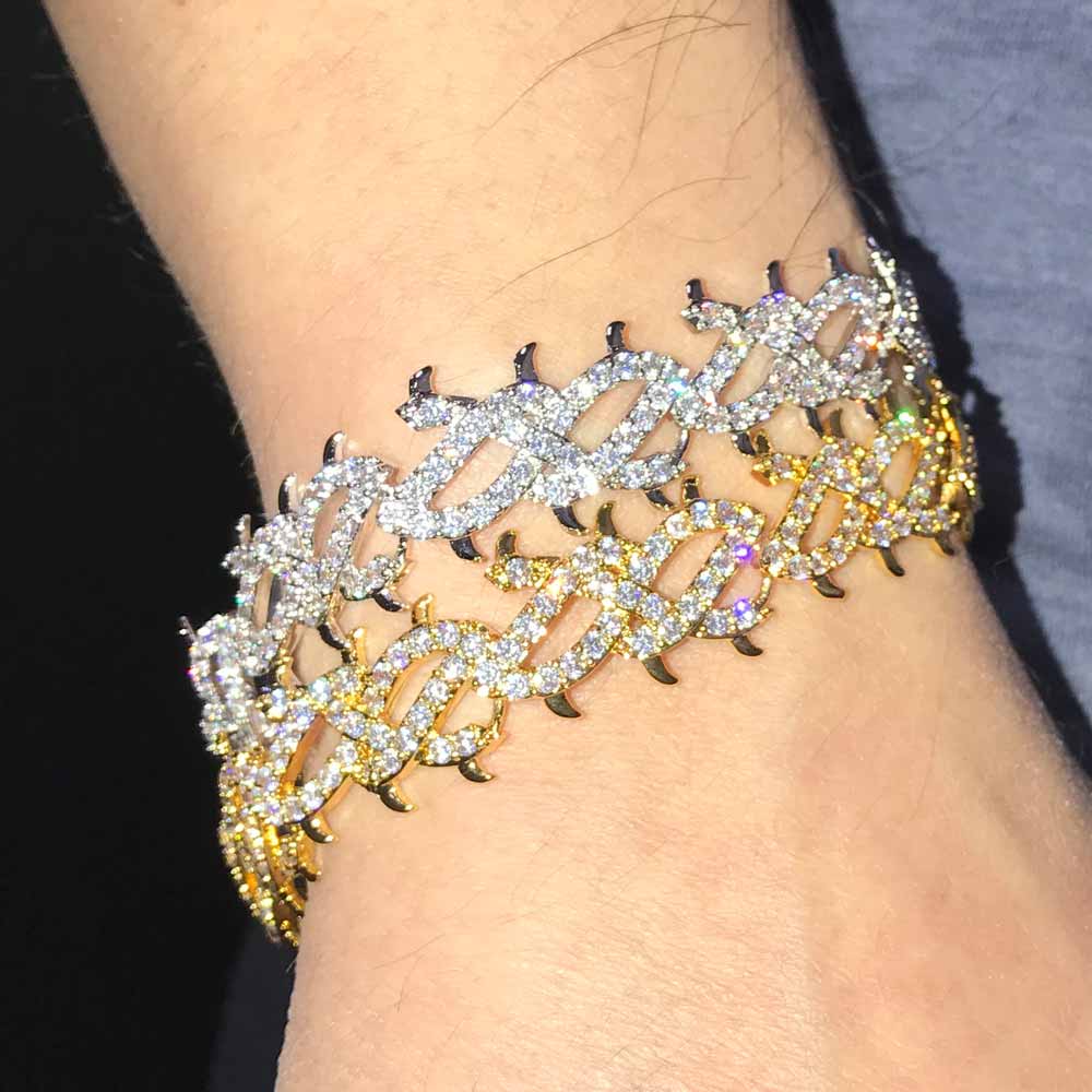 Crown of Thorns VVS CZ Iced Out Hip Hop Bracelet Yellow Gold 8" HipHopBling