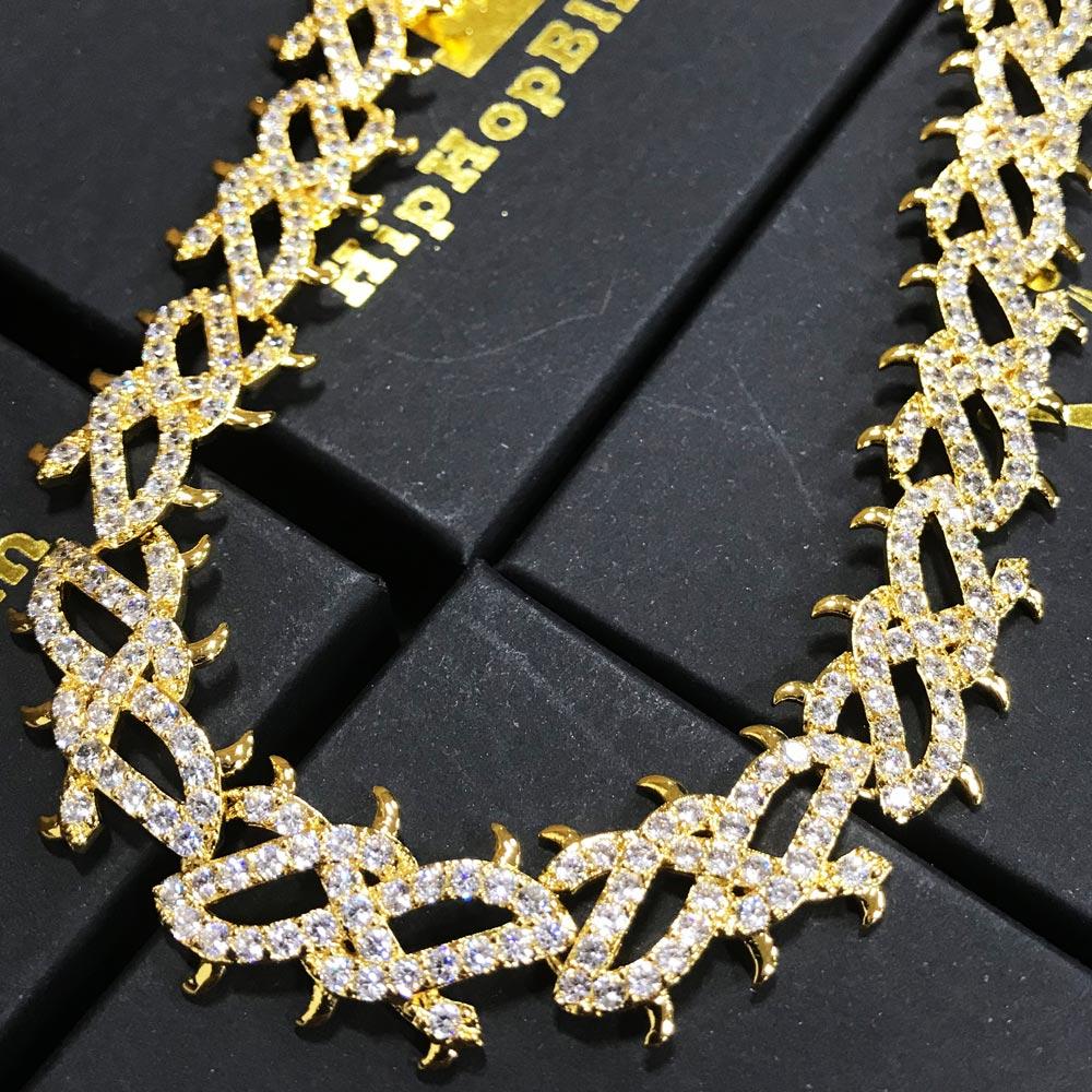 Crown of Thorns Yellow Gold CZ Bling Bling Chain 30" HipHopBling