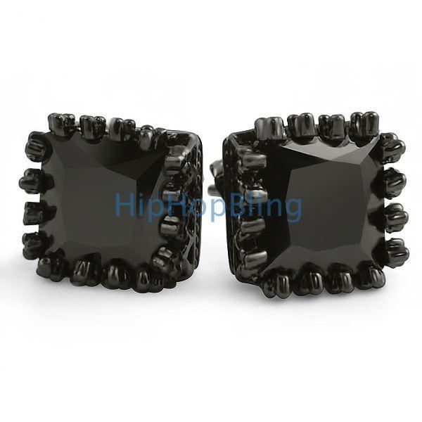 Crown Princess Cut CZ Earrings Black HipHopBling