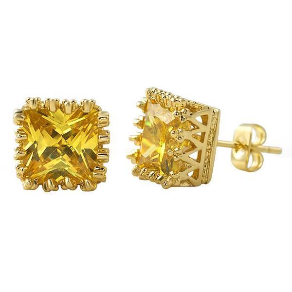Crown Princess Cut CZ Earrings Canary Gold HipHopBling