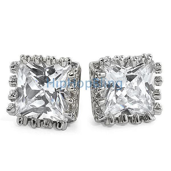 Crown Princess Cut CZ Earrings White Gold HipHopBling