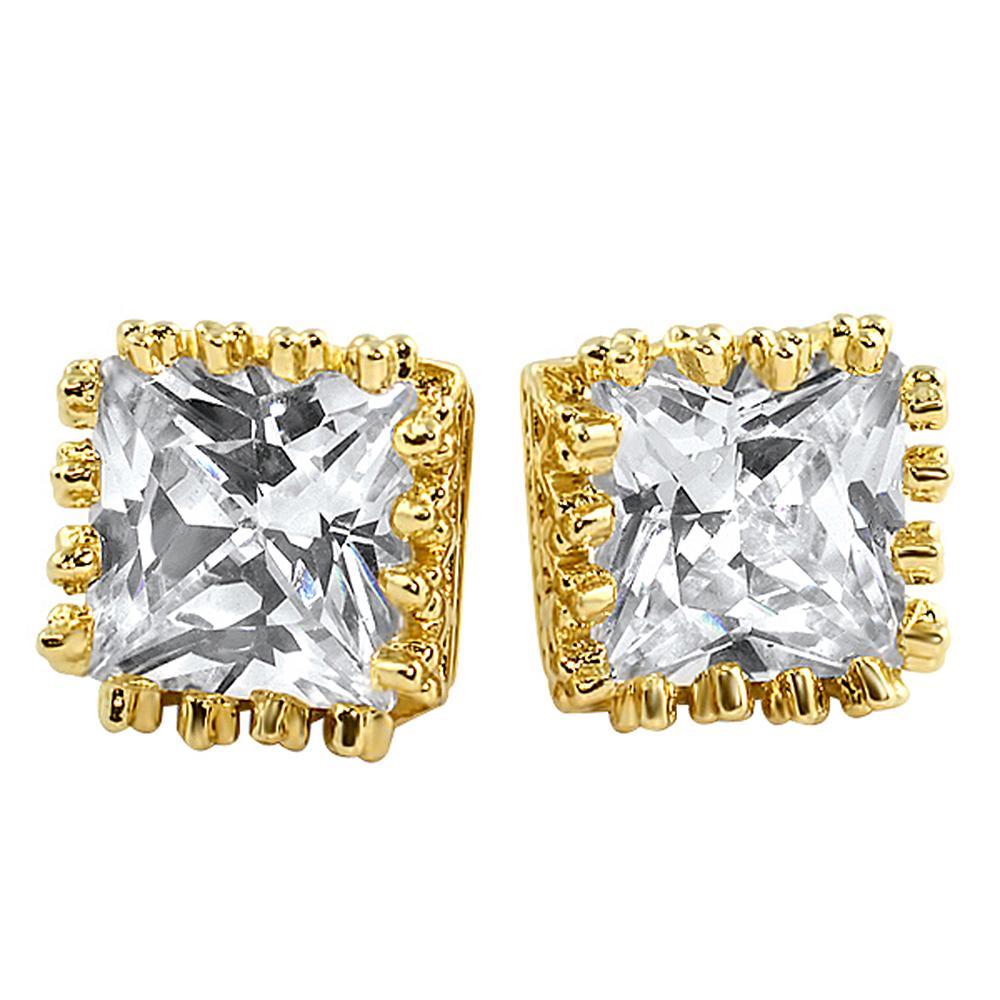 Crown Princess Cut CZ Earrings Yellow Gold HipHopBling