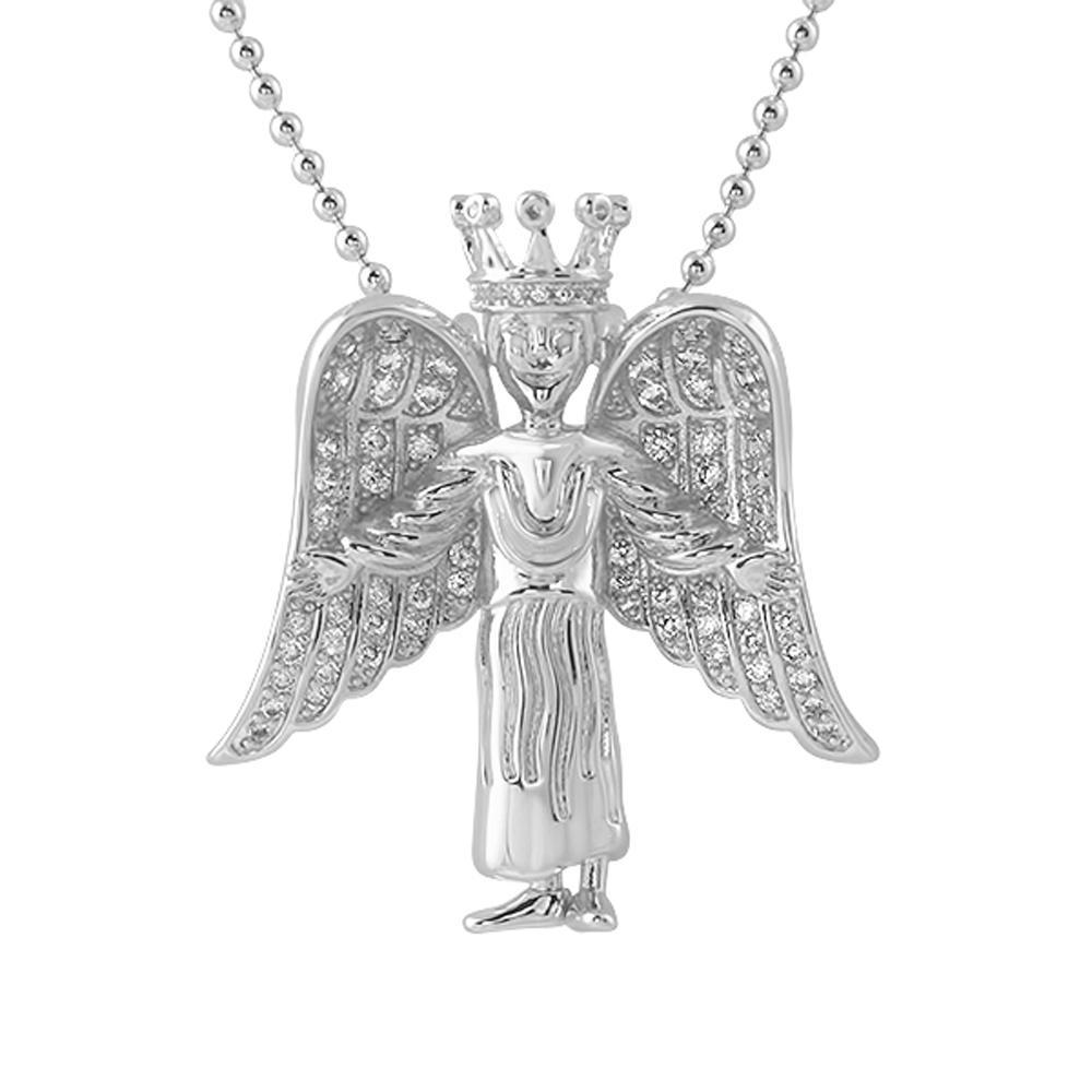 Crowned Angel Wings Mini Pendant CZ Rhodium HipHopBling