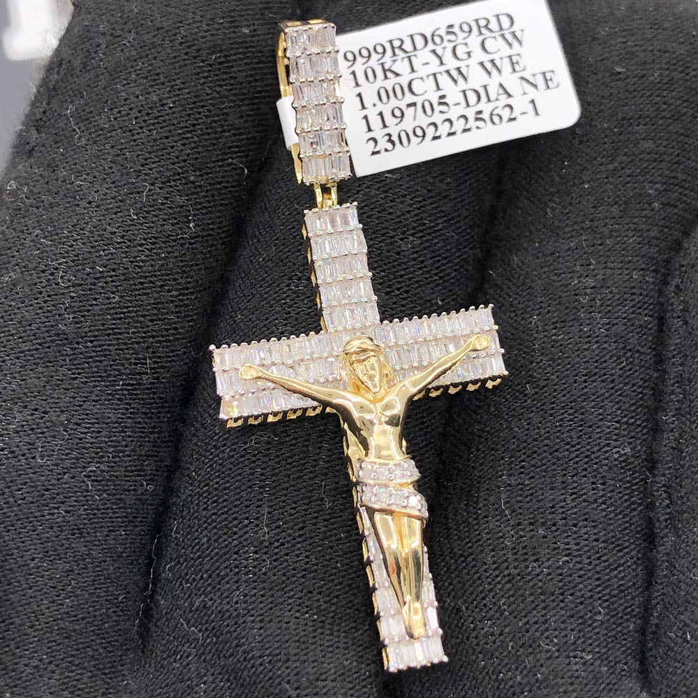 Crucifix Baguette Diamond Pendant 1.00cttw 10K Yellow Gold HipHopBling