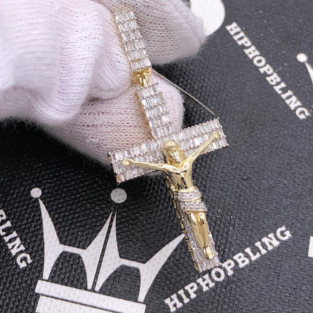 Crucifix Baguette Diamond Pendant 1.00cttw 10K Yellow Gold HipHopBling