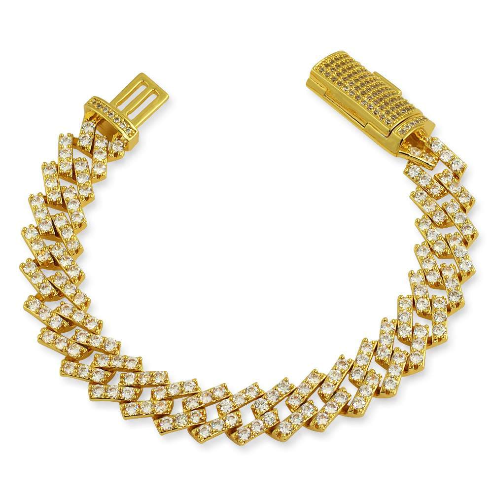 Cuban Box Iced Out Hip Hop Bracelet 3 Sizes 13MM Yellow Gold 7" HipHopBling