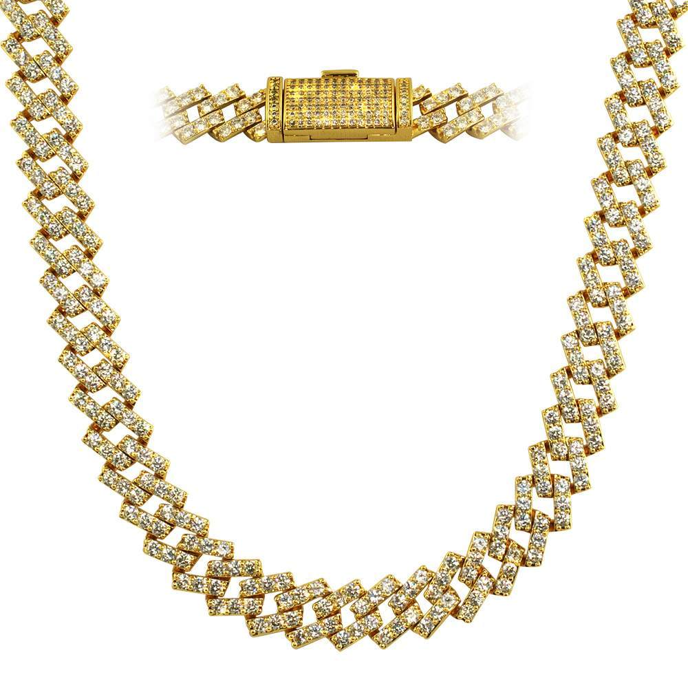 Cuban Box Link CZ Hip Hop Iced Out Bling Chain Yellow Gold 13MM 20" HipHopBling