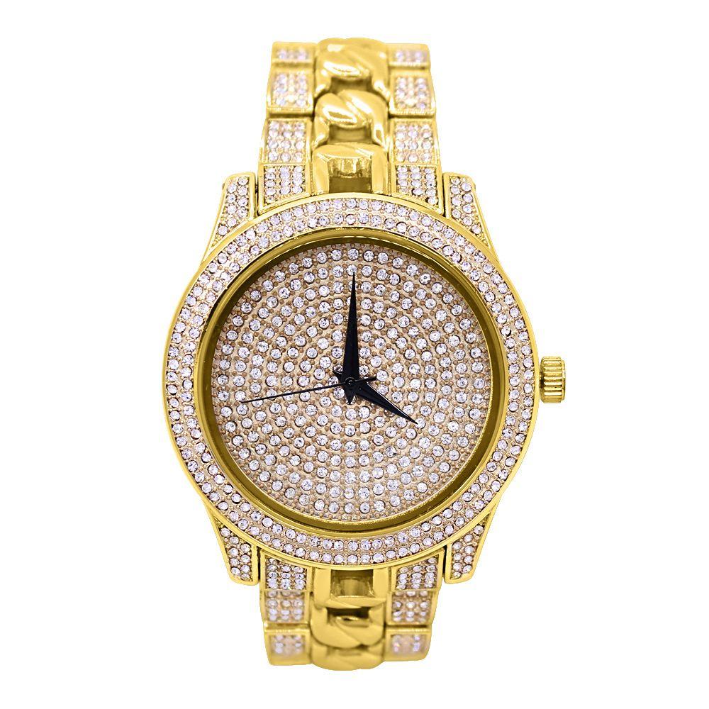 Cuban Link Band Bling Bling Hip Hop Watch Yellow Gold HipHopBling