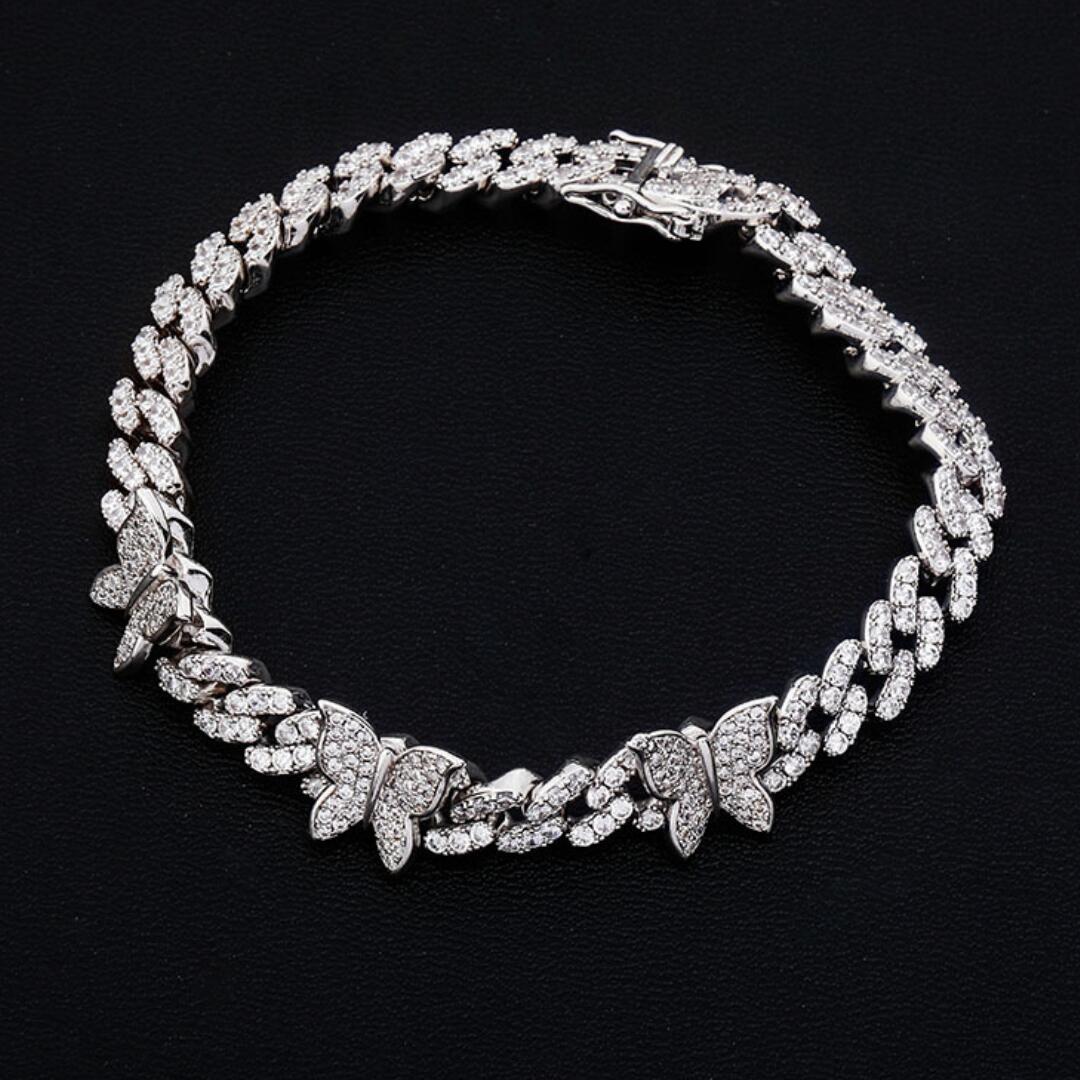 Cuban Link Butterfly Hip Hop Iced Out Bracelet White Gold 8" HipHopBling