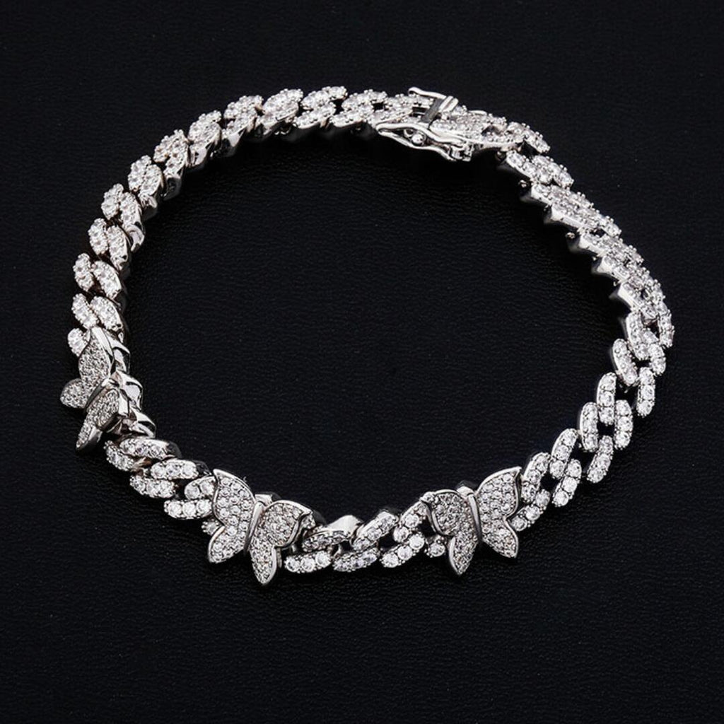 Cuban Link Butterfly Hip Hop Iced Out Bracelet White Gold 8" HipHopBling