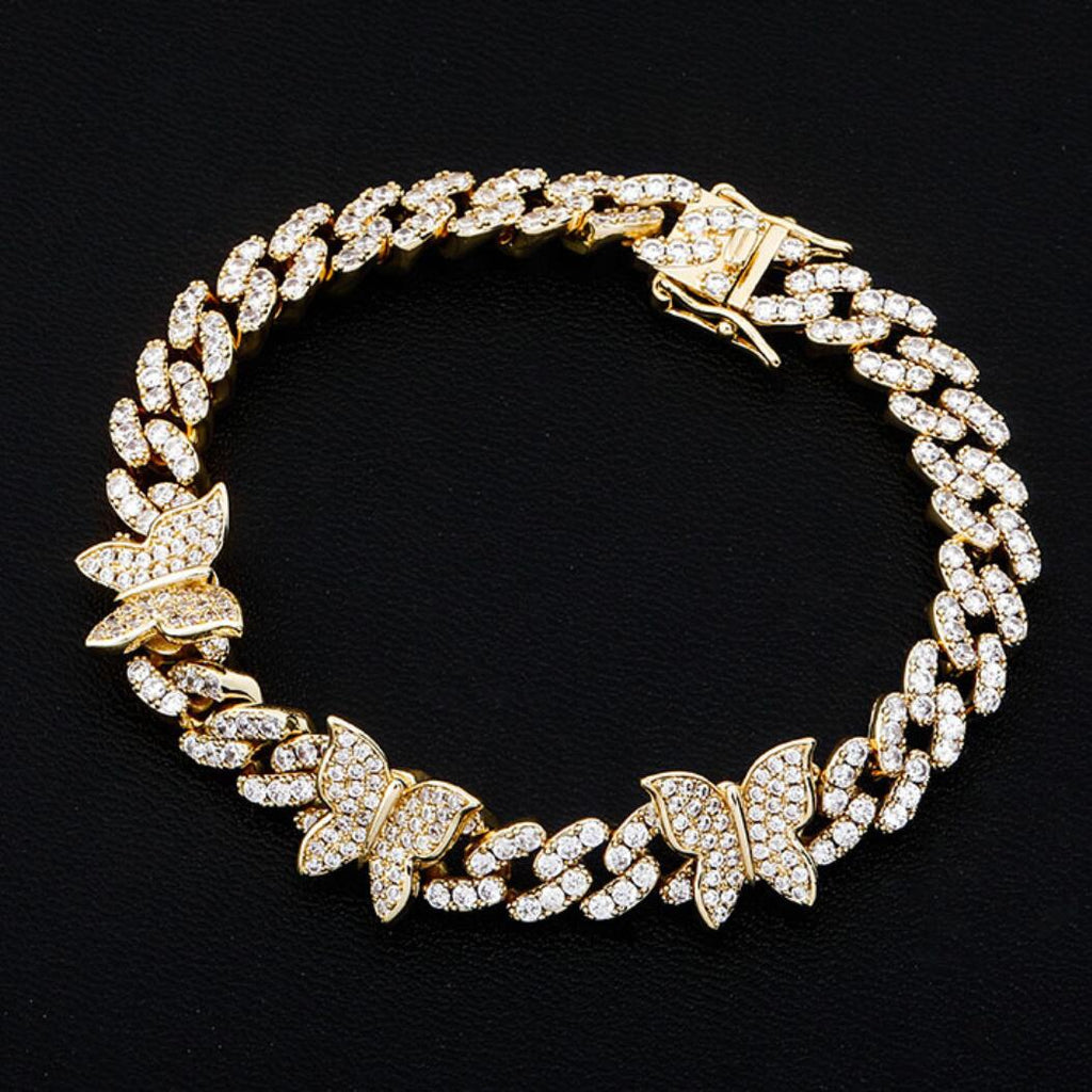 Cuban Link Butterfly Hip Hop Iced Out Bracelet White Gold 8" HipHopBling