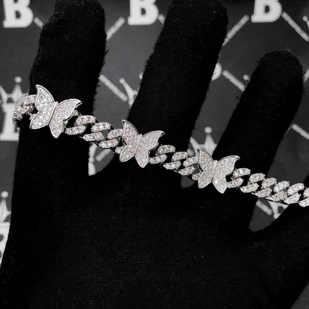 Cuban Link Butterfly Hip Hop Iced Out Bracelet White Gold 8" HipHopBling