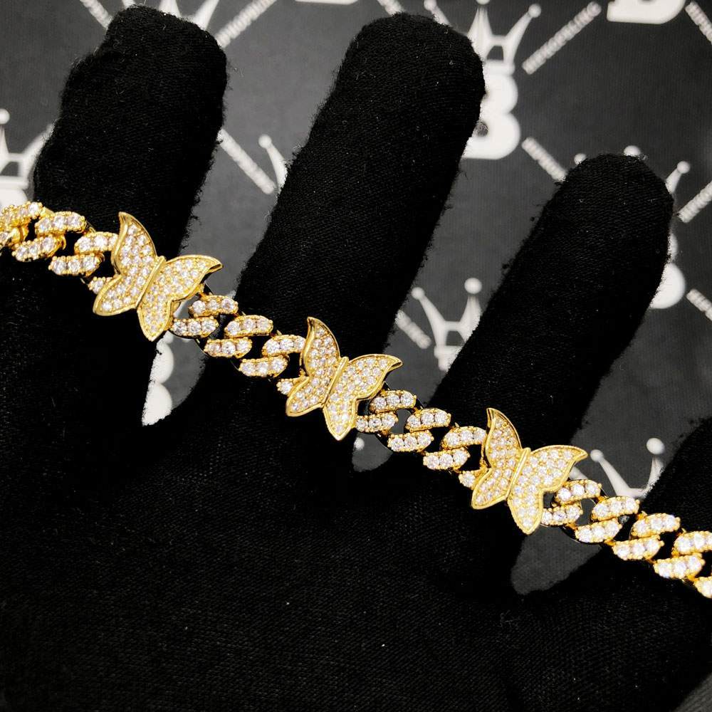 Cuban Link Butterfly Hip Hop Iced Out Bracelet Yellow Gold 8" HipHopBling