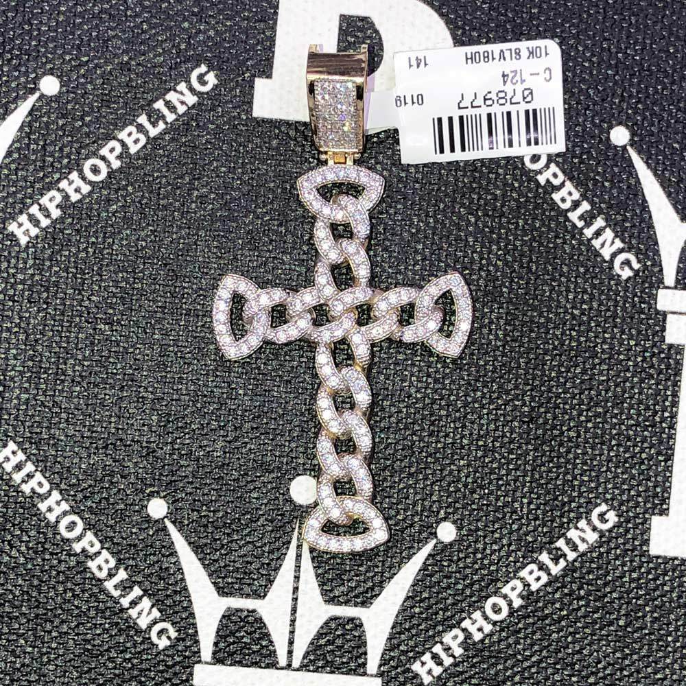 Cuban Link Cross VVS CZ 10K Yellow Gold Pendant HipHopBling