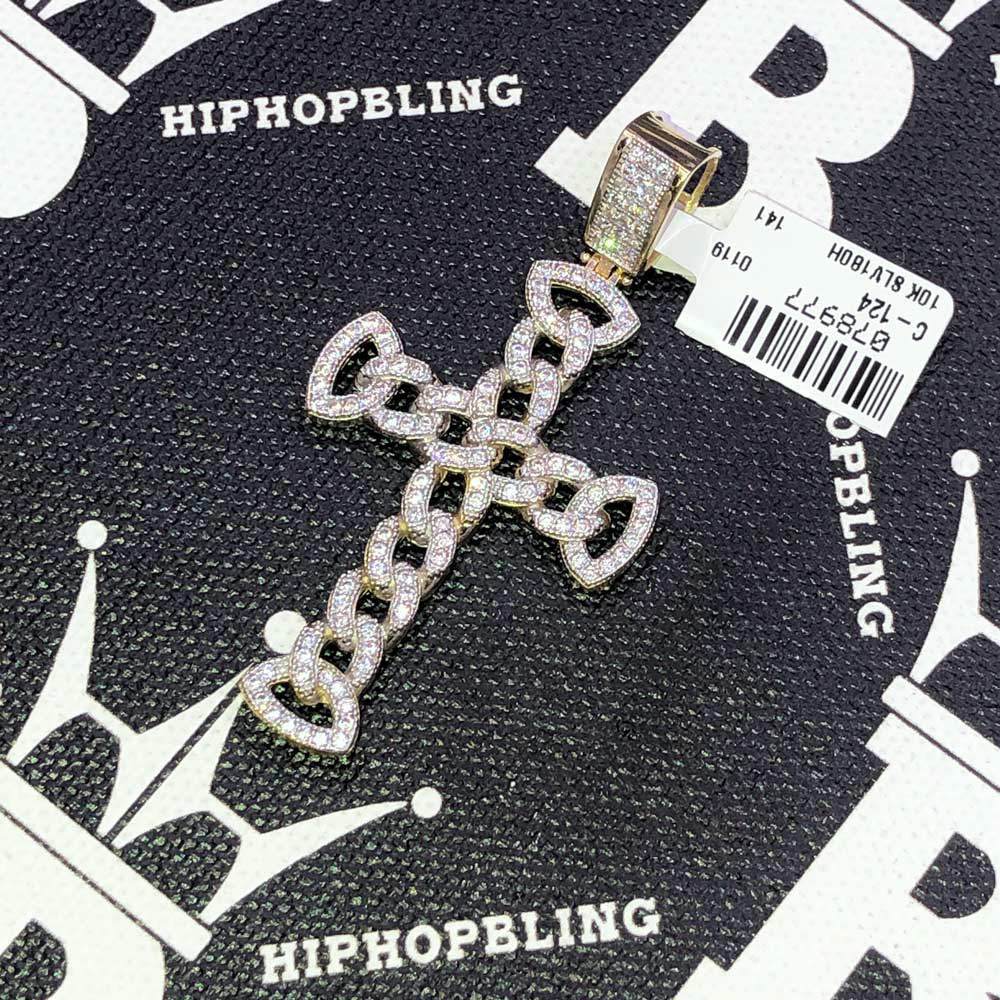 Cuban Link Cross VVS CZ 10K Yellow Gold Pendant HipHopBling