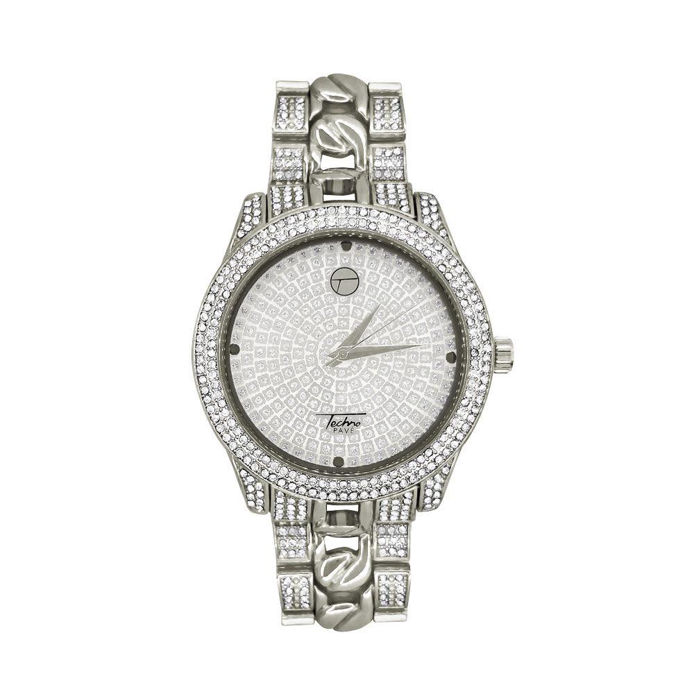 Cuban Link Pave Iced Out Bling Hip Hop Watch White Gold HipHopBling