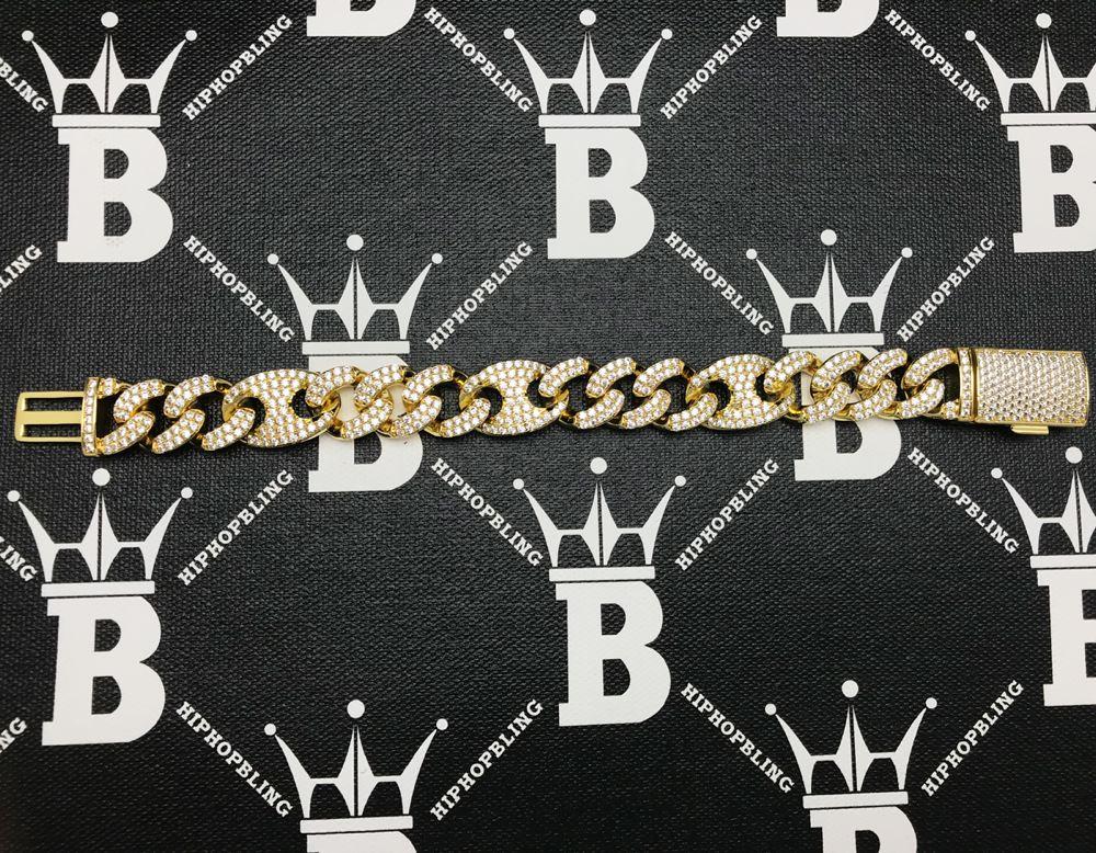 Cuban Mariner 15MM CZ Bling Bling Bracelet Yellow Gold 8" HipHopBling