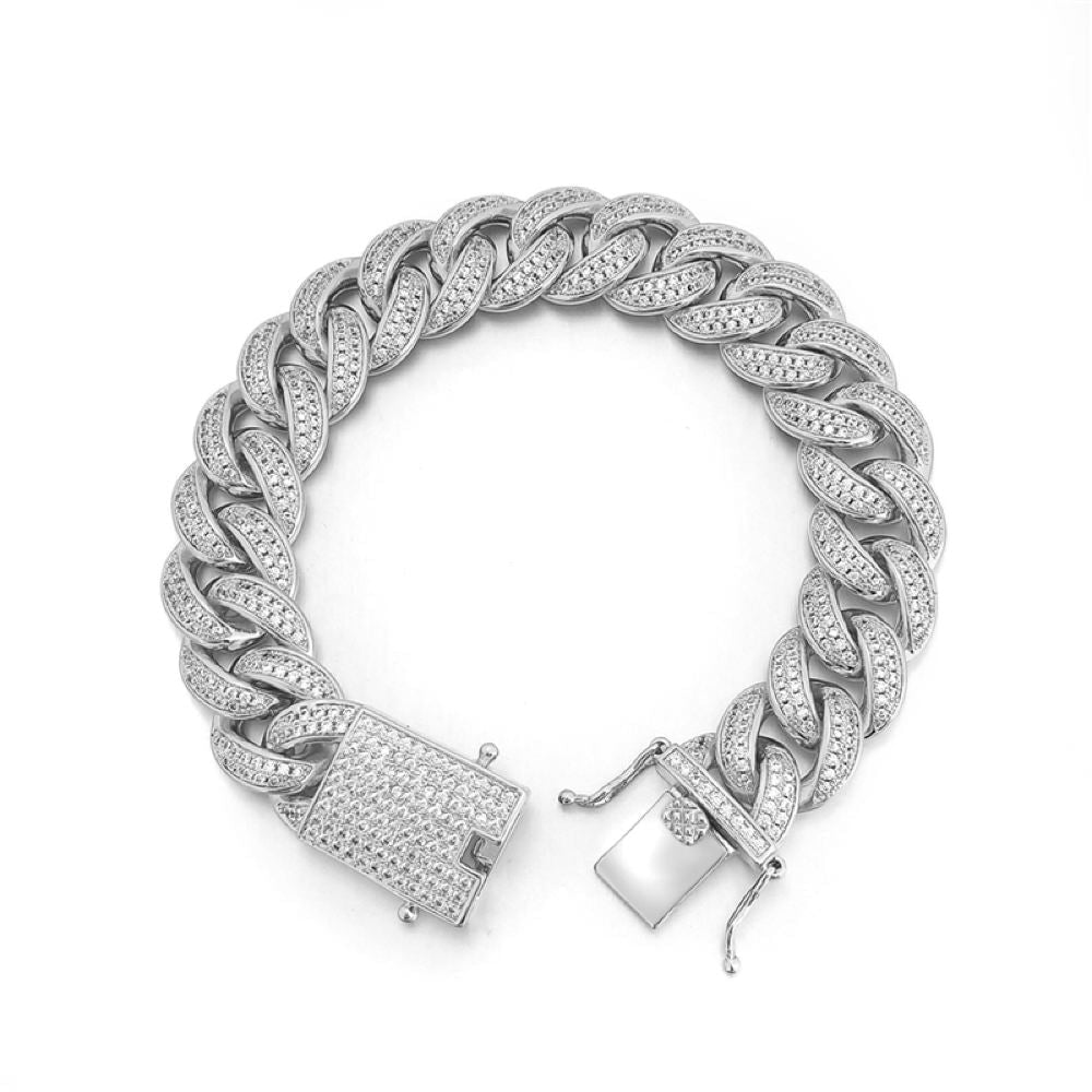 Cuban Moissanite Chain Iced Out Lock 15MM .925 Sterling Silver 8" Bracelet HipHopBling
