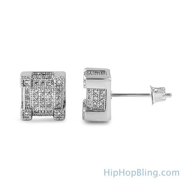 Cube Iced Out CZ Earrings Rhodium HipHopBling
