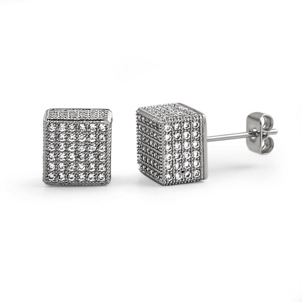 Cube Rhodium CZ Hip Hop Bling Bling Earrings HipHopBling