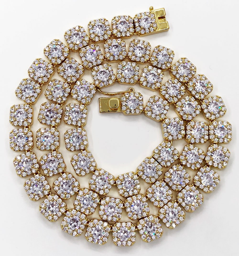 Cushion Cluster Bling Bling CZ Iced Out Chain Yellow Gold 18" HipHopBling