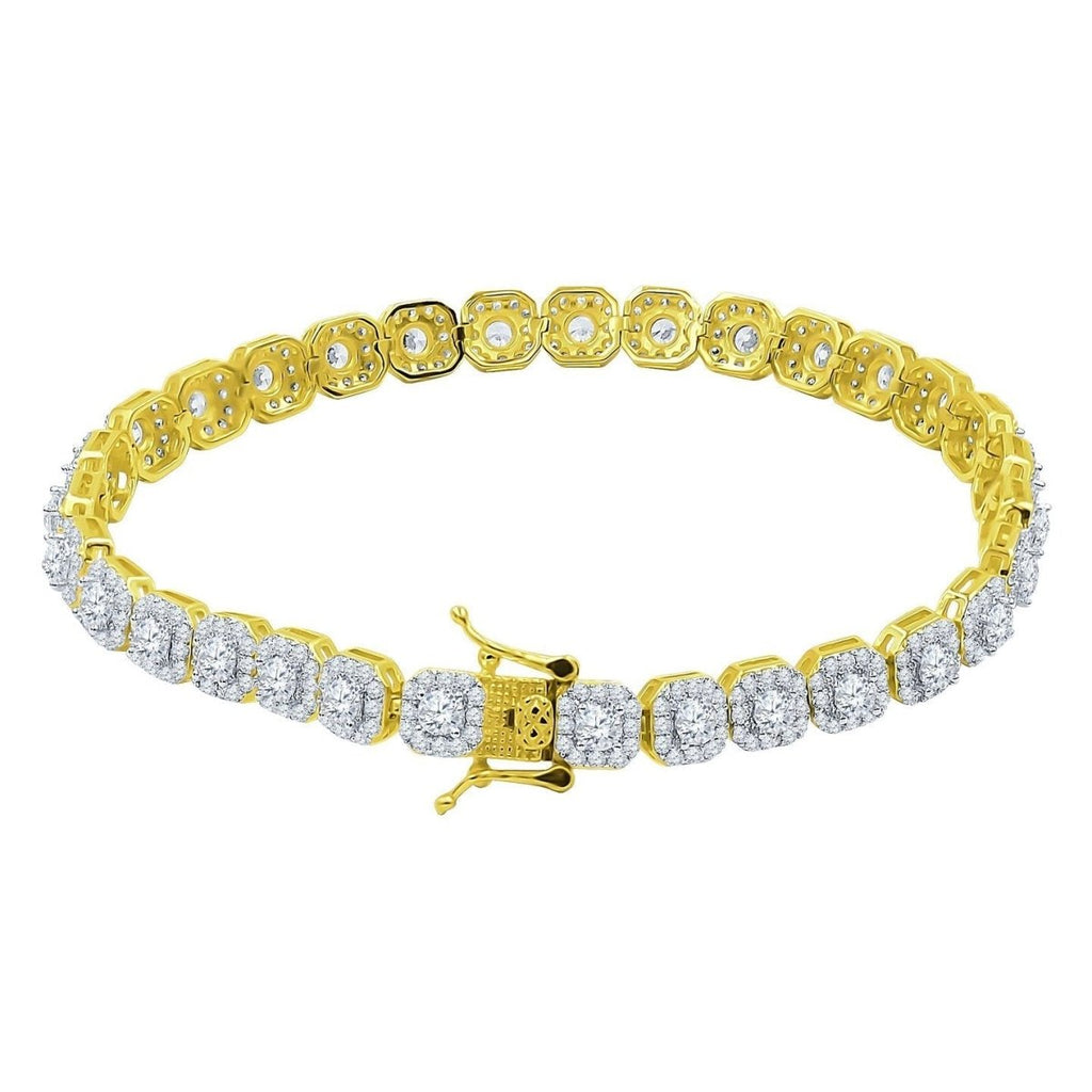 Cushion Cluster CZ Iced Out Bracelet .925 Sterling Silver Yellow Gold HipHopBling