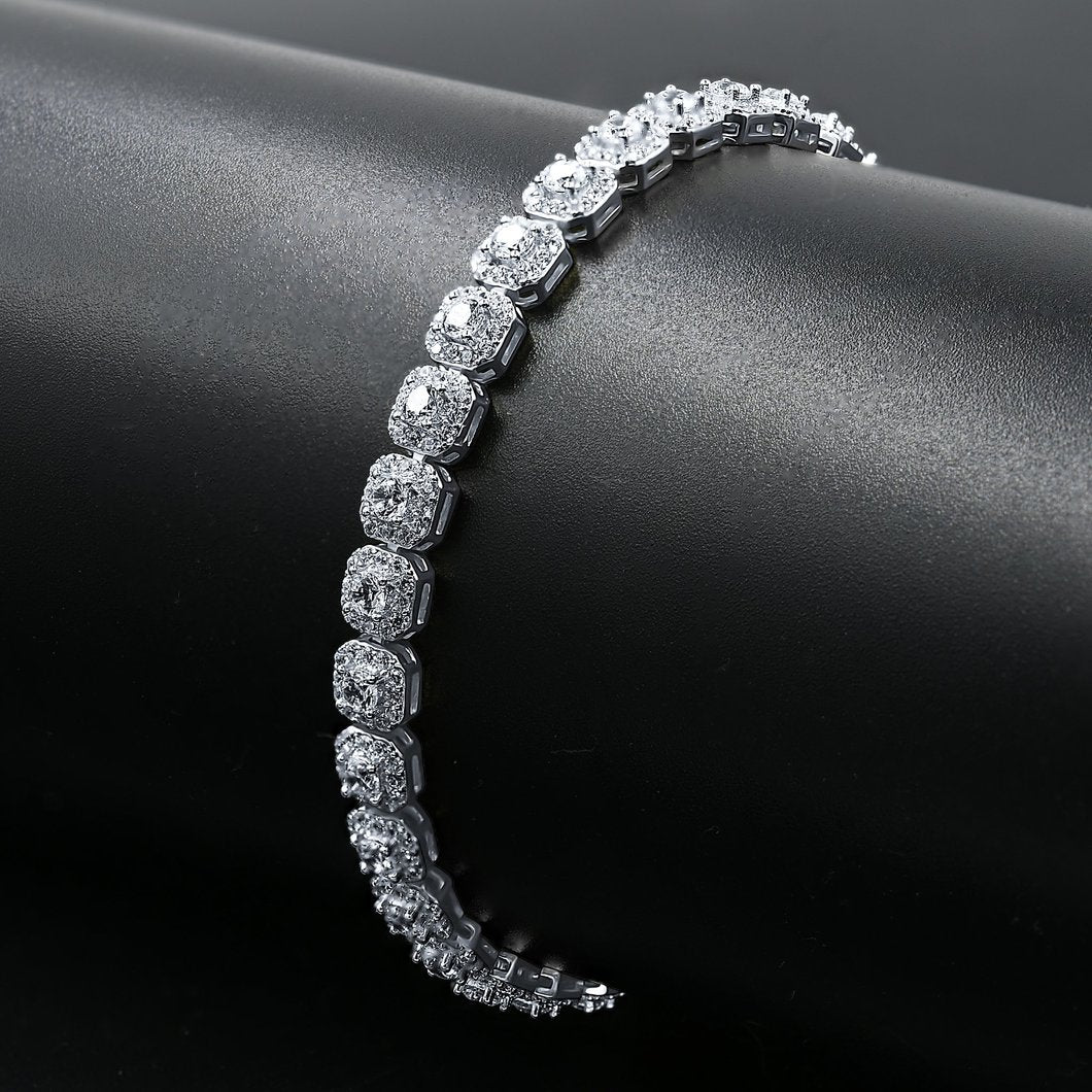 Cushion Cluster CZ Iced Out Bracelet .925 Sterling Silver Yellow Gold HipHopBling
