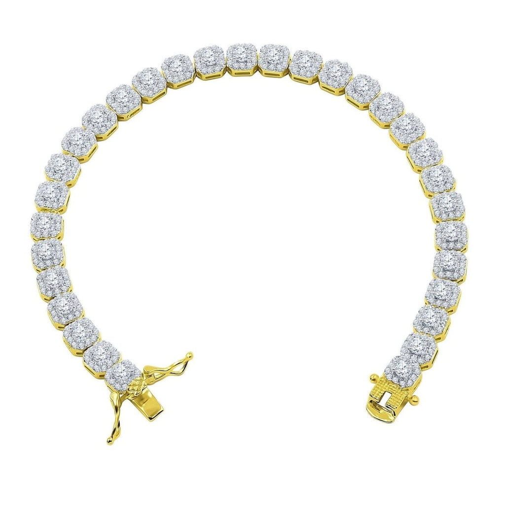 Cushion Cluster CZ Iced Out Bracelet .925 Sterling Silver Yellow Gold HipHopBling