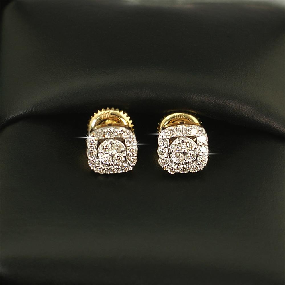 Cushion Halo Cluster Diamond Earrings .34cttw 10K Yellow Gold HipHopBling