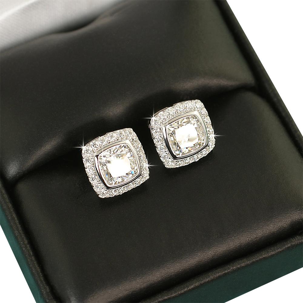 Cushion Pave Border VVS Moissanite Earrings .925 Sterling Silver White Gold HipHopBling
