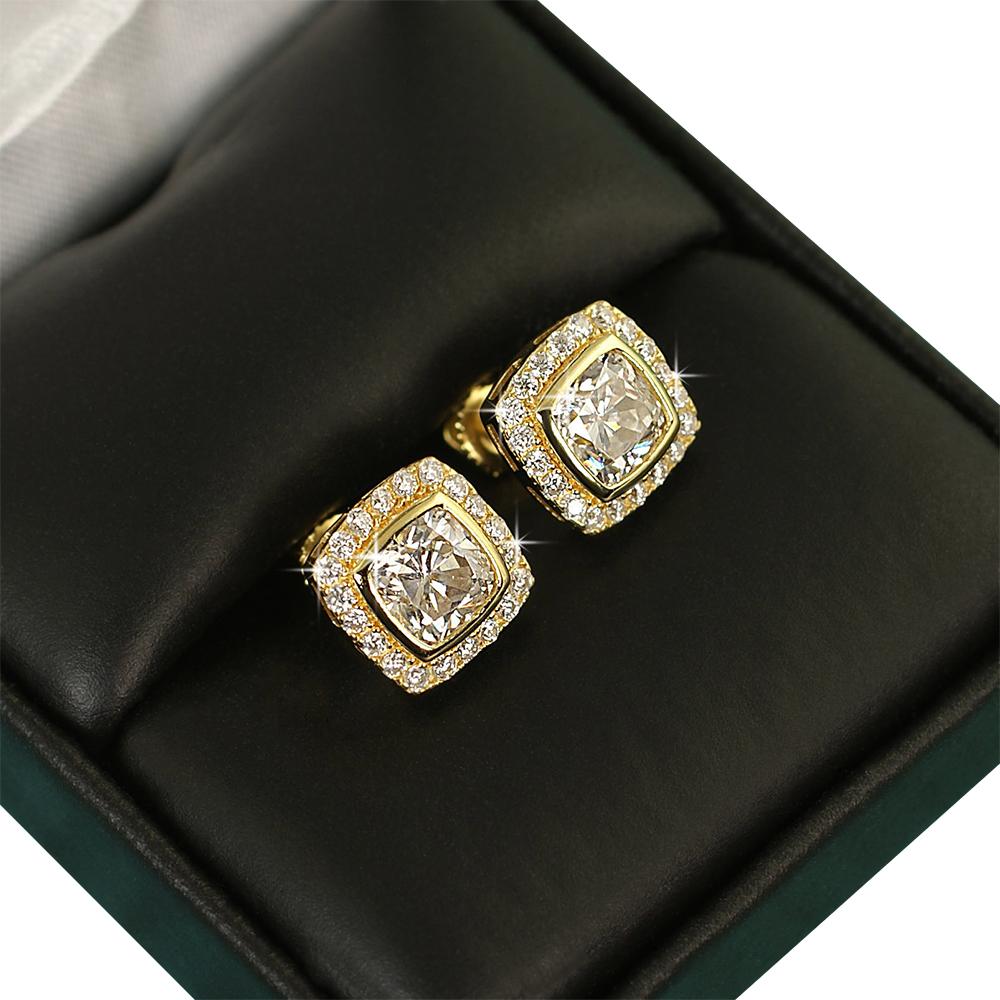 Cushion Pave Border VVS Moissanite Earrings .925 Sterling Silver White Gold HipHopBling