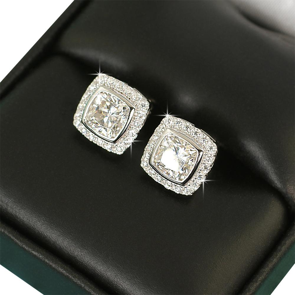Cushion Pave Border VVS Moissanite Earrings .925 Sterling Silver White Gold HipHopBling