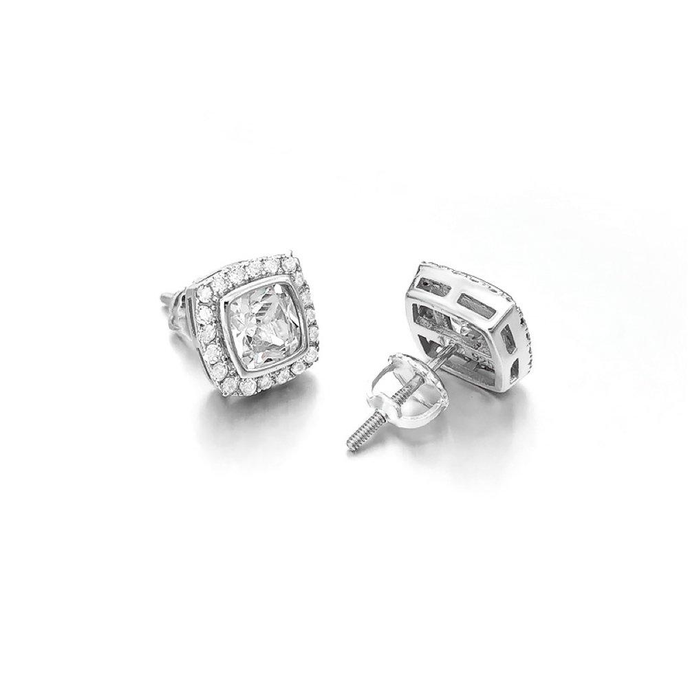 Cushion Pave Border VVS Moissanite Earrings .925 Sterling Silver White Gold HipHopBling