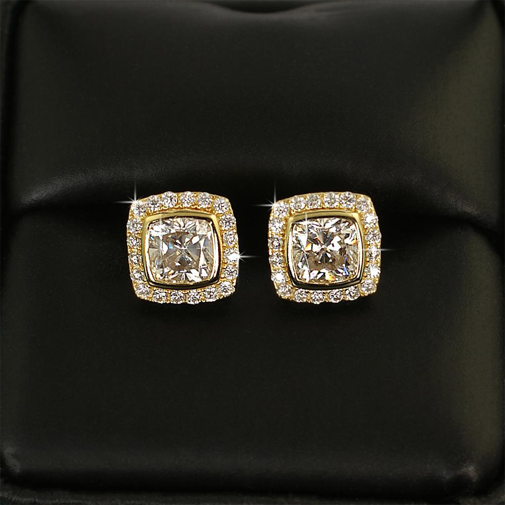 Cushion Pave Border VVS Moissanite Earrings .925 Sterling Silver White Gold HipHopBling