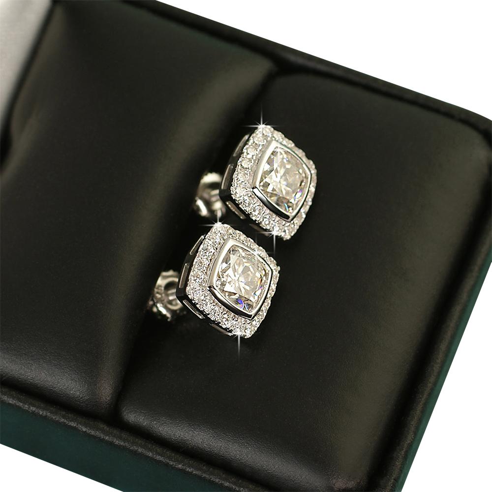 Cushion Pave Border VVS Moissanite Earrings .925 Sterling Silver White Gold HipHopBling