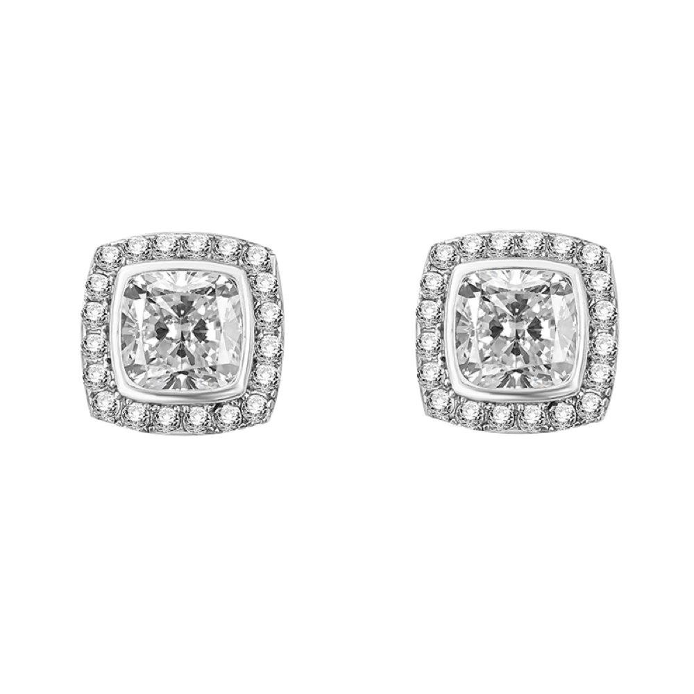 Cushion Pave Border VVS Moissanite Earrings .925 Sterling Silver White Gold HipHopBling