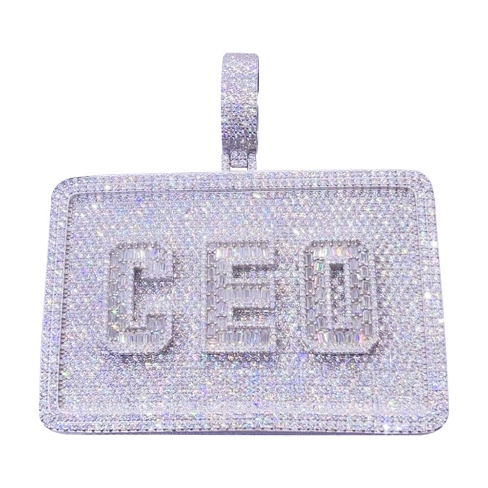 Custom 3 Baguette Letter Rectangle VVS Moissanite Pendant 14K White Gold HipHopBling