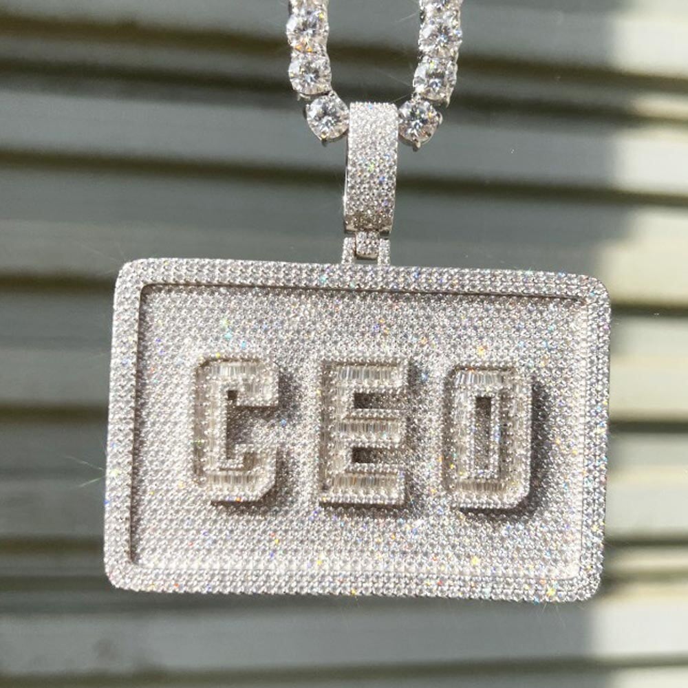 Custom 3 Baguette Letter Rectangle VVS Moissanite Pendant 14K White Gold HipHopBling