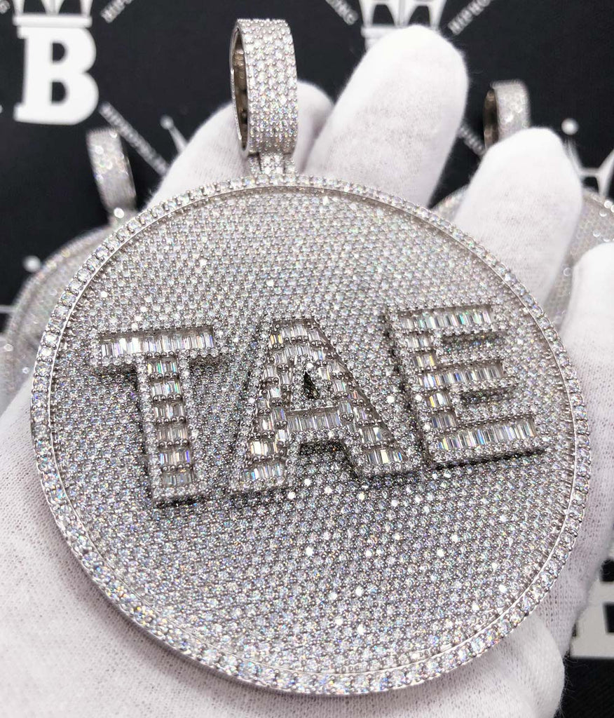 Custom 3 Baguette Letter Round VVS Moissanite Pendant 14K White Gold 2.5" Diameter HipHopBling