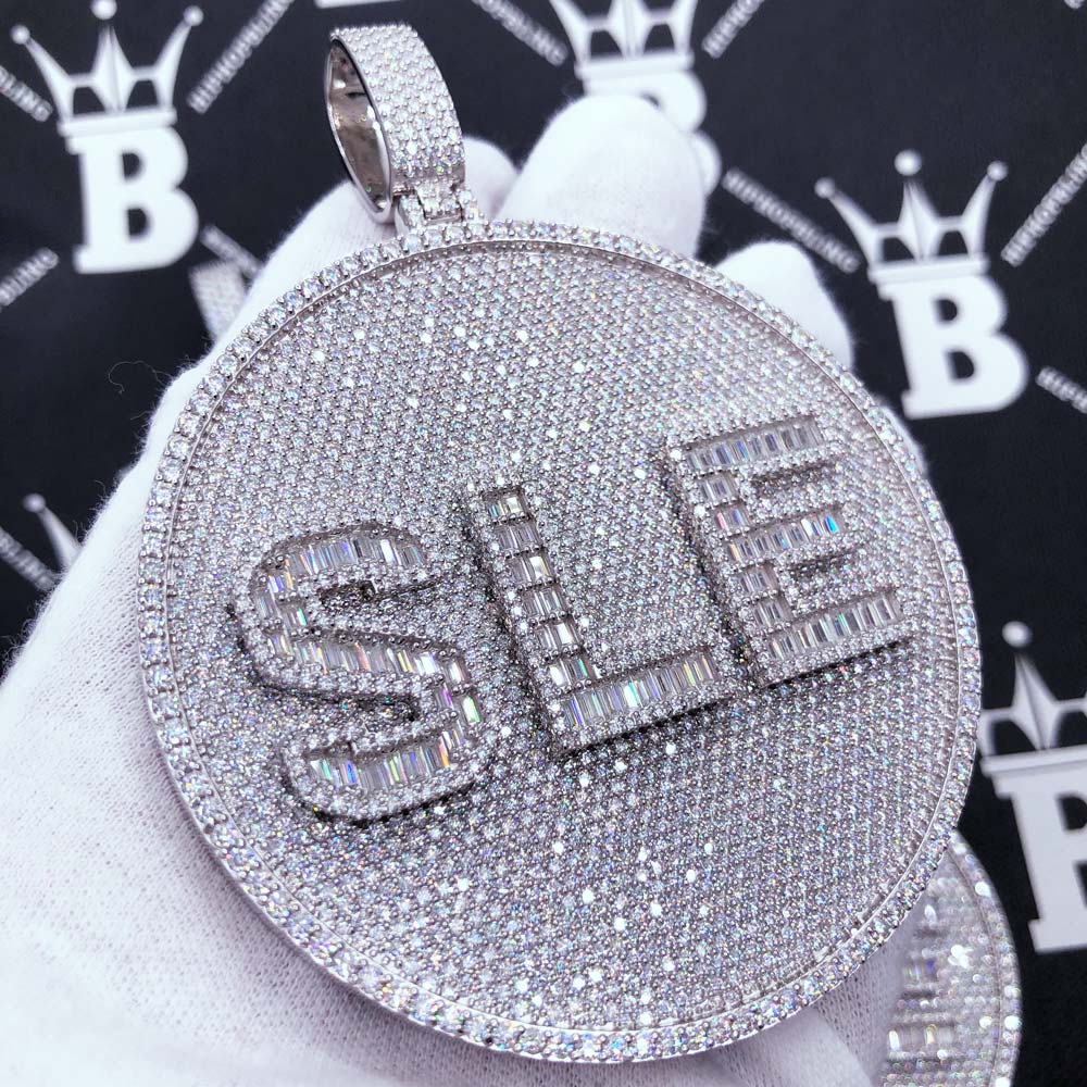 Custom 3 Baguette Letter Round VVS Moissanite Pendant 14K White Gold 2.5" Diameter HipHopBling